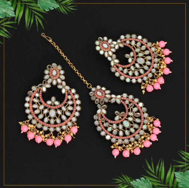 Mirror Maangtikka Earrings Set