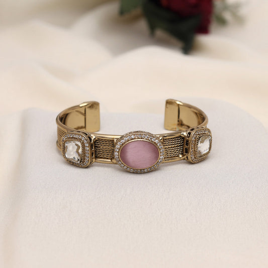 Pink Color Beautiful Handmade Handcuff Bracelets with Moissanite & Monalisa Stones Apala Polish on Brass Metal (ADB356PNK)