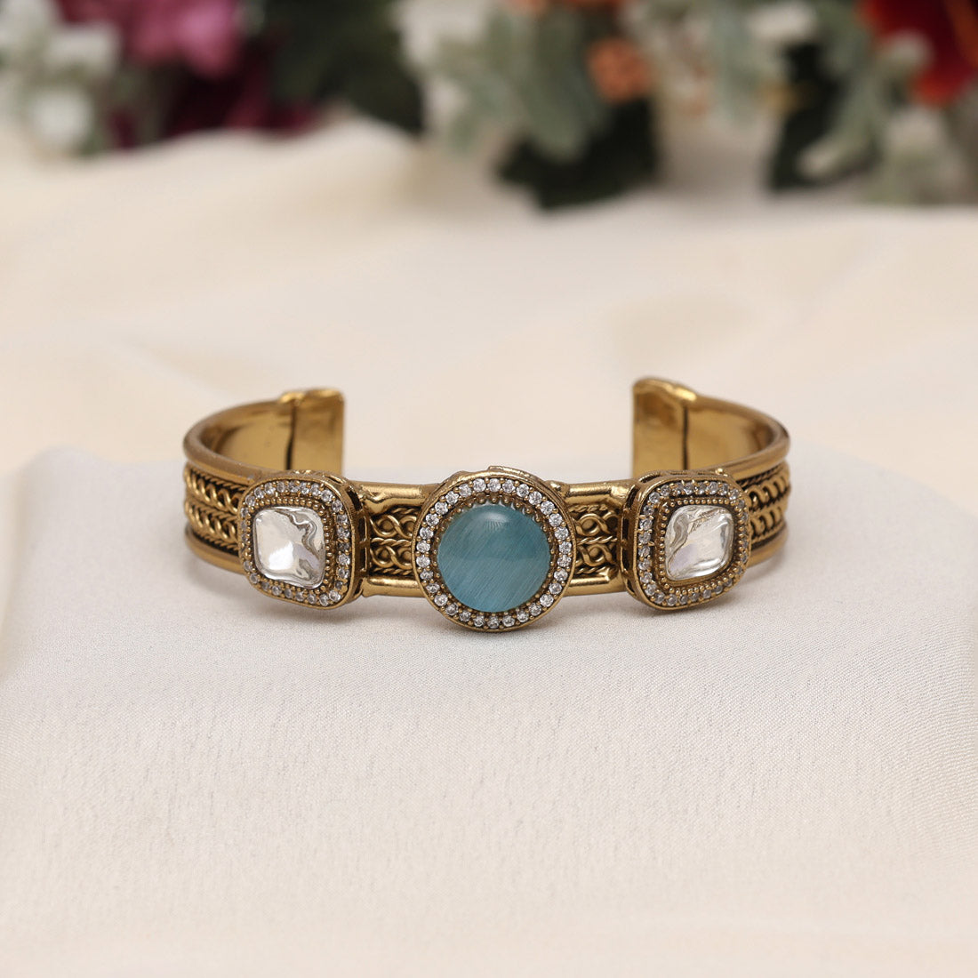 Sky Blue Color Beautiful Handmade Handcuff Bracelets with Moissanite & Monalisa Stones Apala Polish on Brass Metal (ADB357SBLU)
