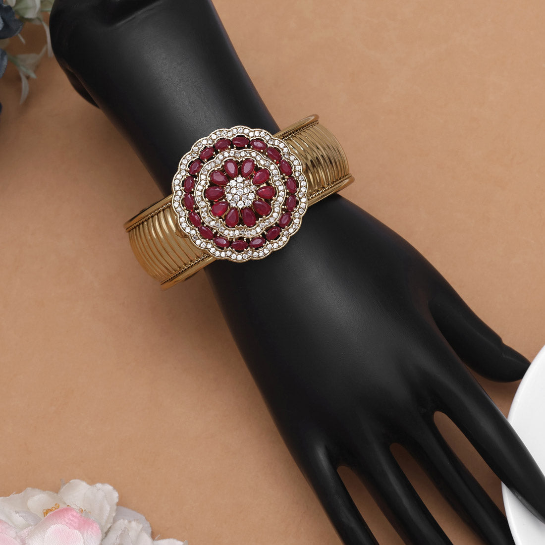 Bright Rani Color American Diamond Bracelet With Classic Intricate Work