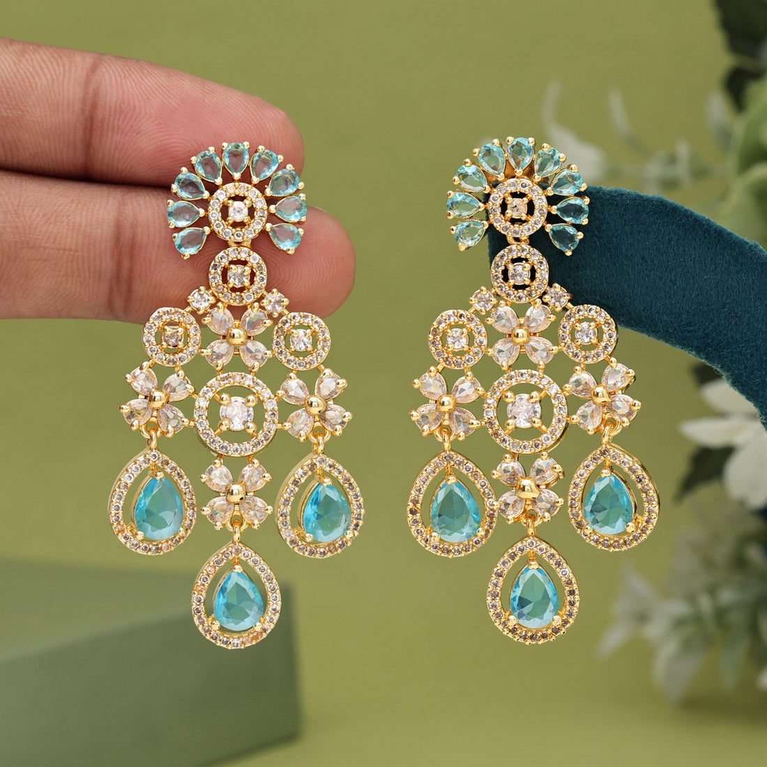 Firozi Color American Diamond Earrings (ADE564FRZ)