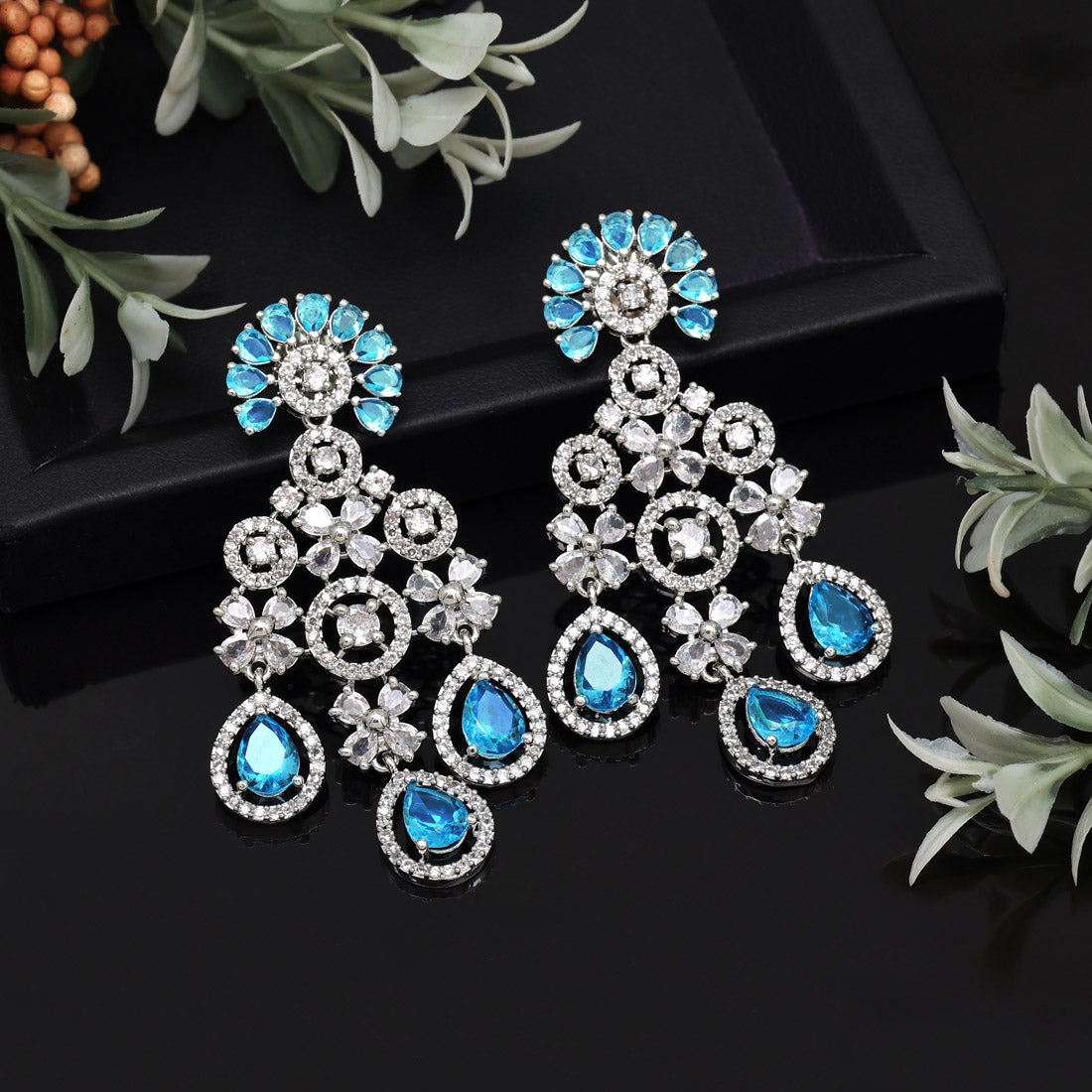 Firozi Color American Diamond Earrings (ADE565FRZ)