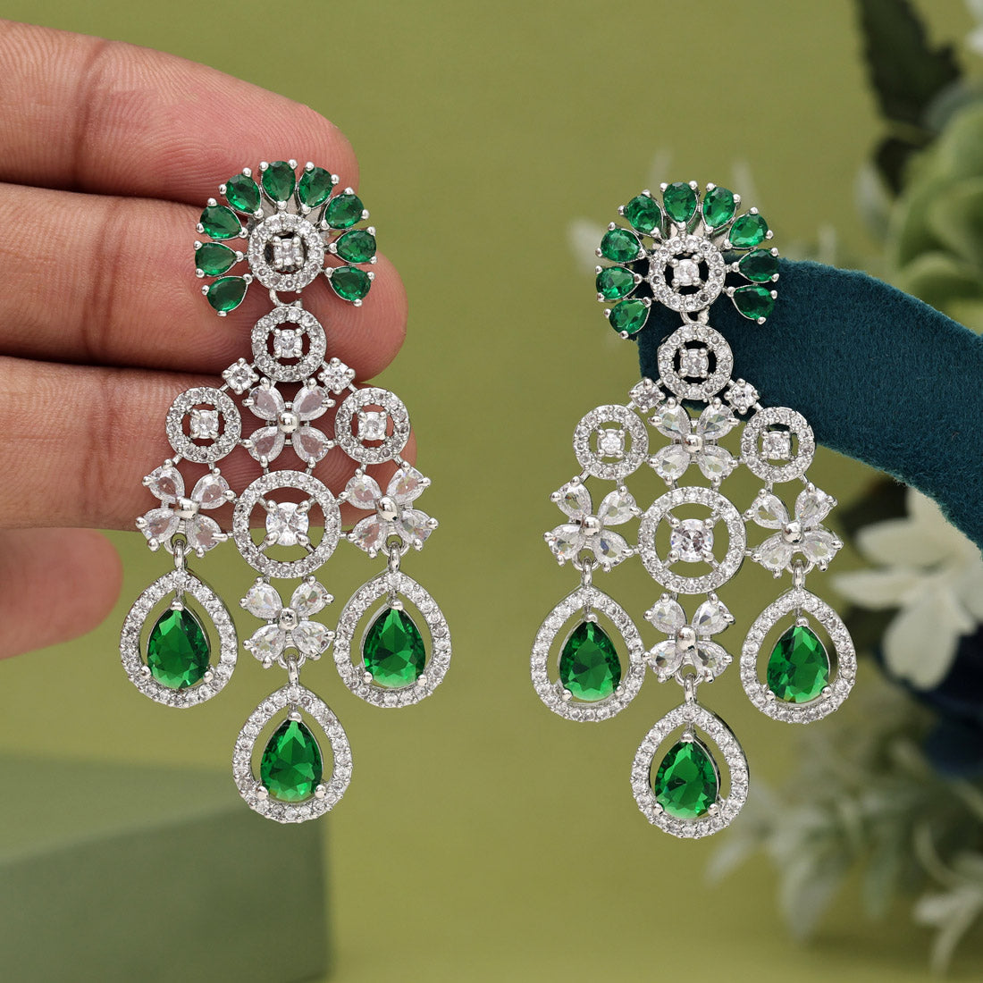 Green Color American Diamond Earrings (ADE565GRN)