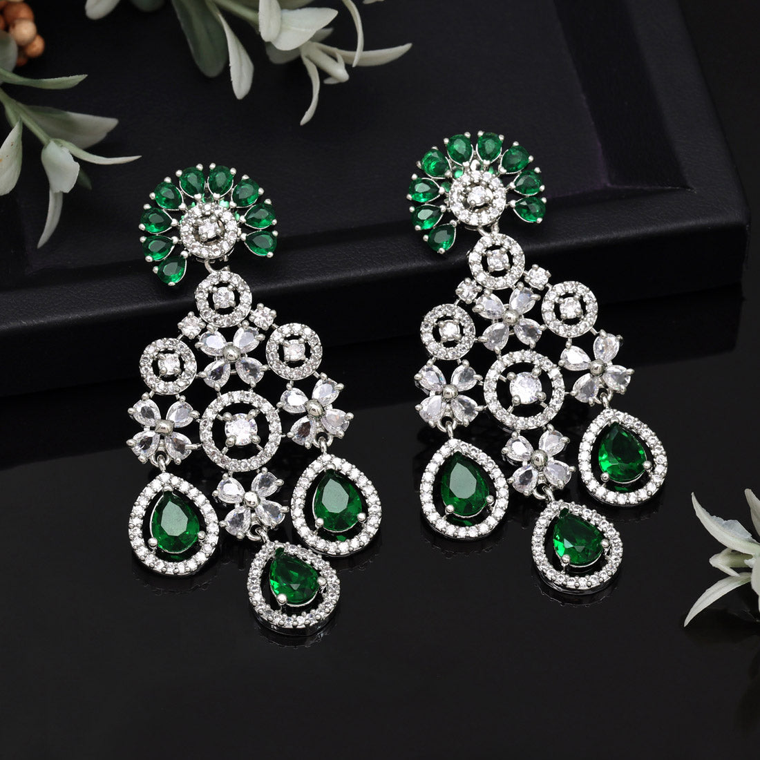 Green Color American Diamond Earrings (ADE565GRN)