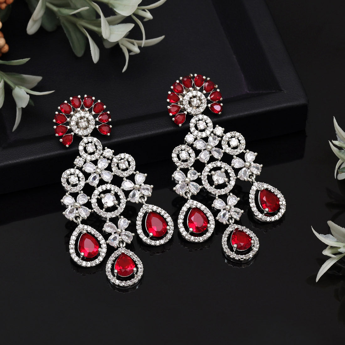 Red Color American Diamond Earrings (ADE565RED)