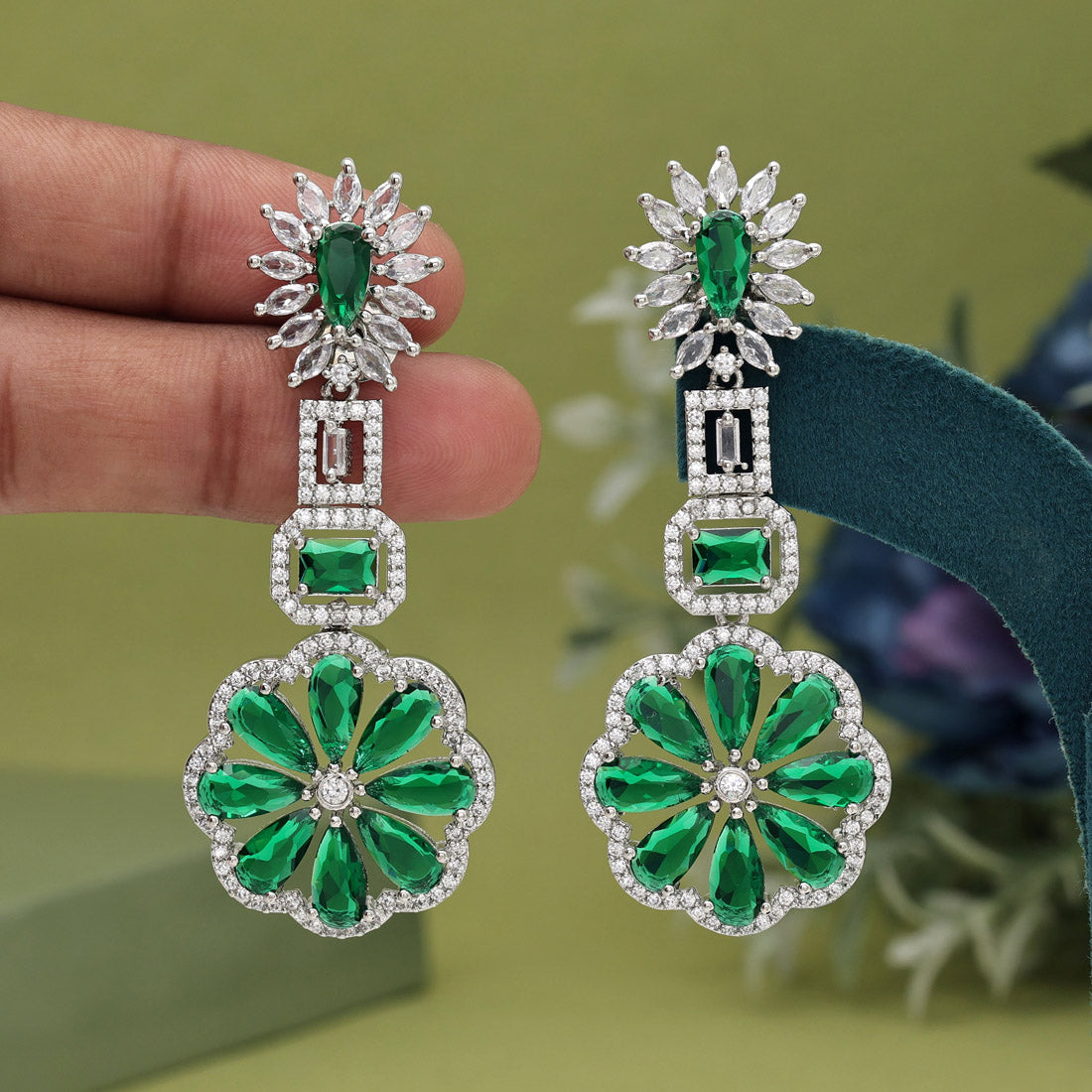 Green Color American Diamond Earrings (ADE576GRN)