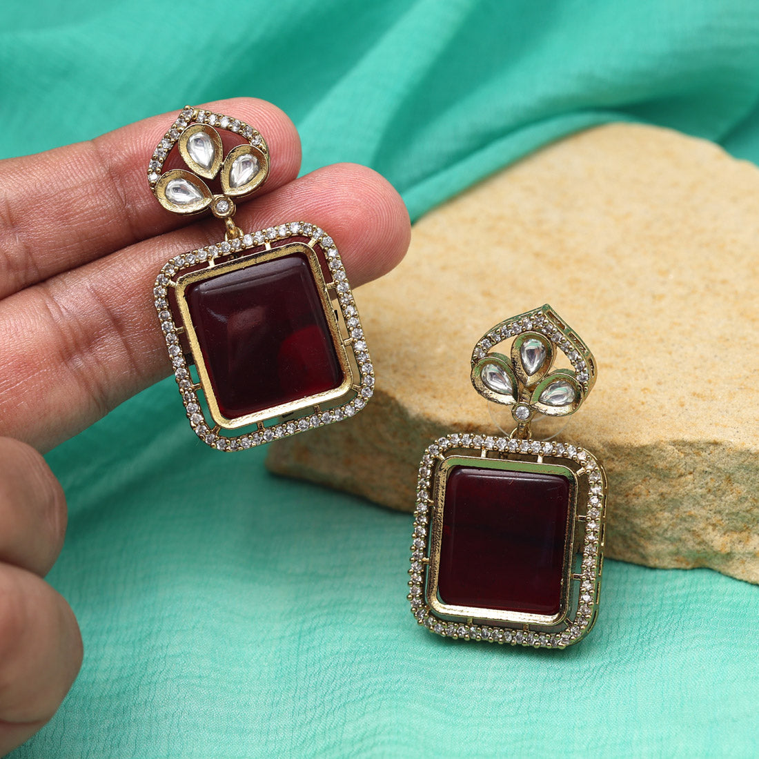Maroon Color American Diamond Earrings (ADE602MRN)