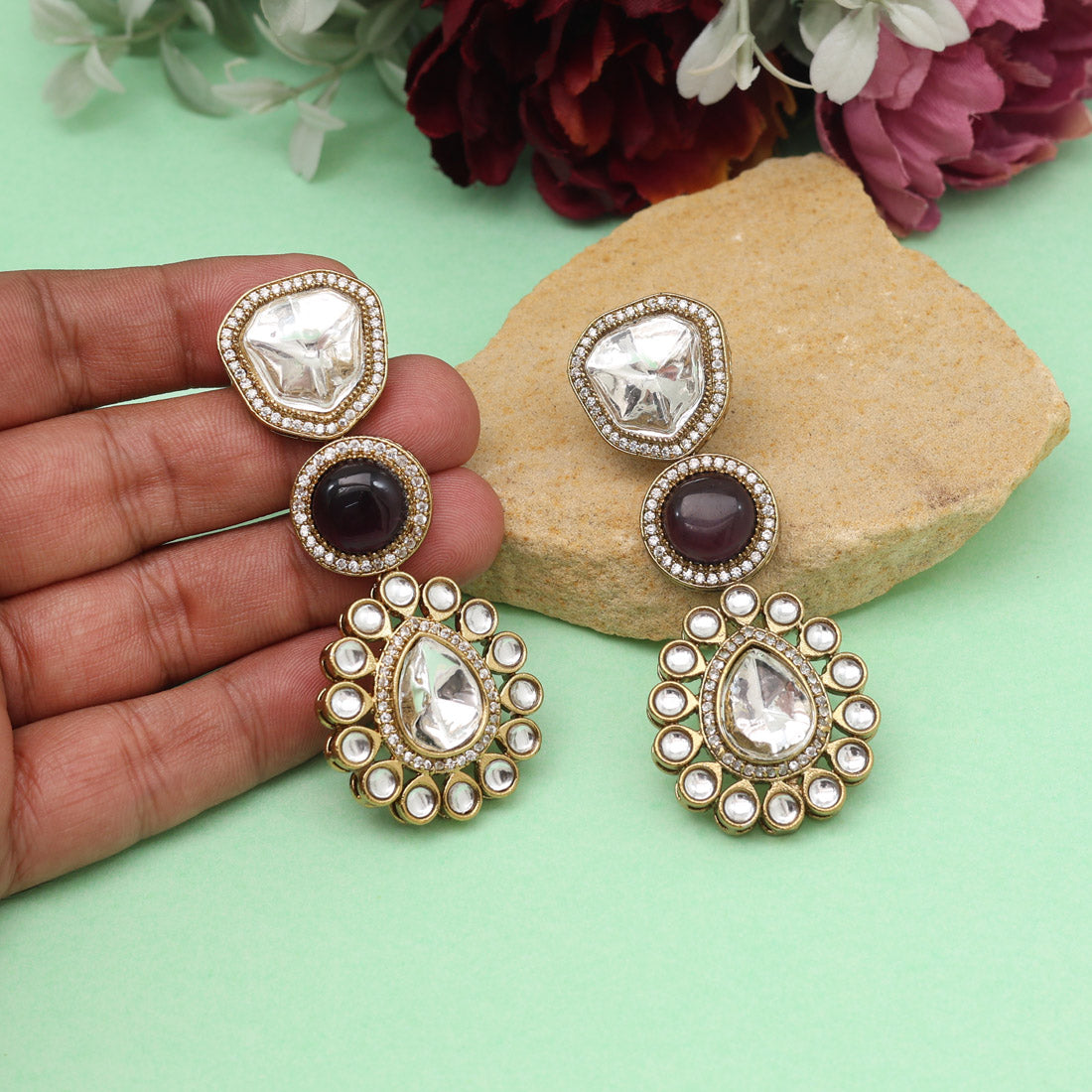Light Purple Color Royal Look Handmade Jaipur Earrings On Brass Metal With Moissanite Kundan And Monalisa Stones Studded On Apala Polish (ADE609LPRP)