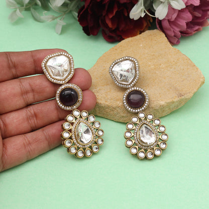 Light Purple Color Royal Look Handmade Jaipur Earrings On Brass Metal With Moissanite Kundan And Monalisa Stones Studded On Apala Polish (ADE609LPRP)