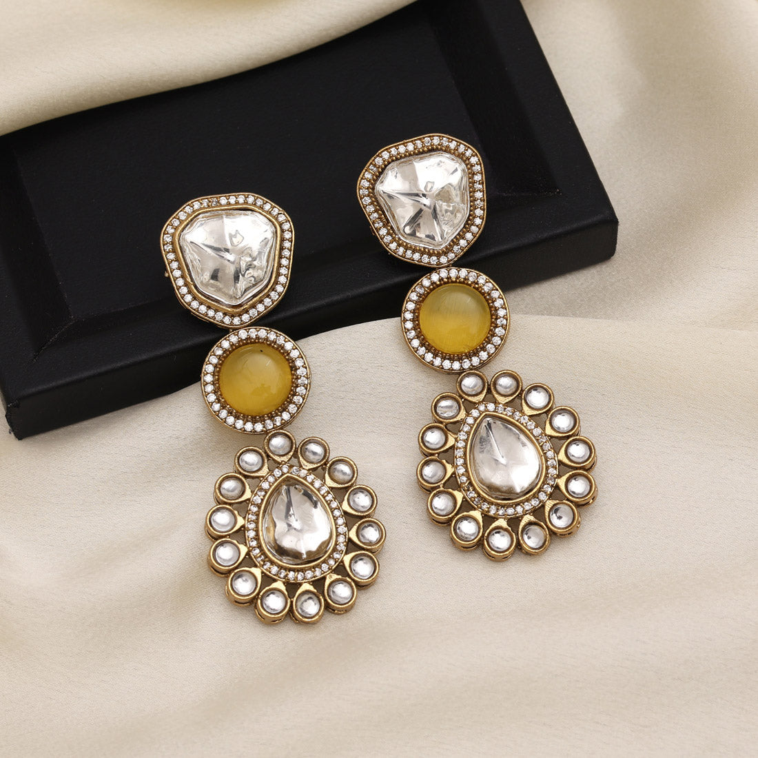 Yellow Color Royal Look Handmade Jaipur Earrings On Brass Metal With Moissanite Kundan And Monalisa Stones Studded On Apala Polish (ADE609YLW)