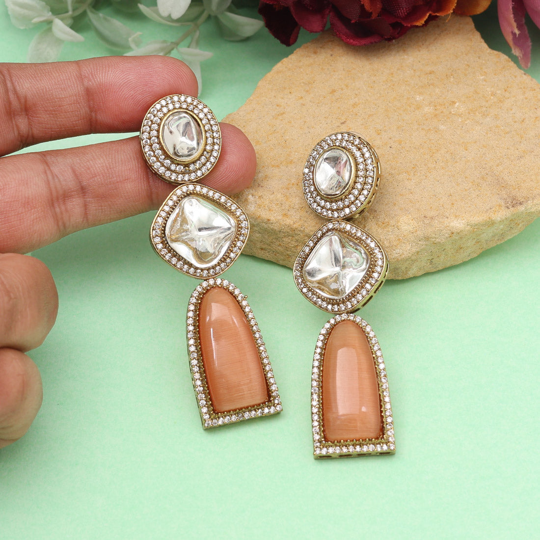 Brown Color Royal Look Handmade Jaipur Earrings On Brass Metal With Moissanite Kundan And Monalisa Stones Studded On Apala Polish (ADE611BRW)