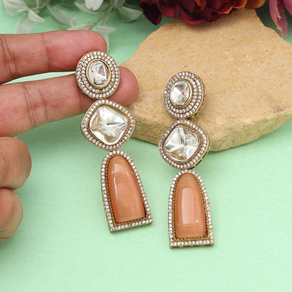 Brown Color Royal Look Handmade Jaipur Earrings On Brass Metal With Moissanite Kundan And Monalisa Stones Studded On Apala Polish (ADE611BRW)