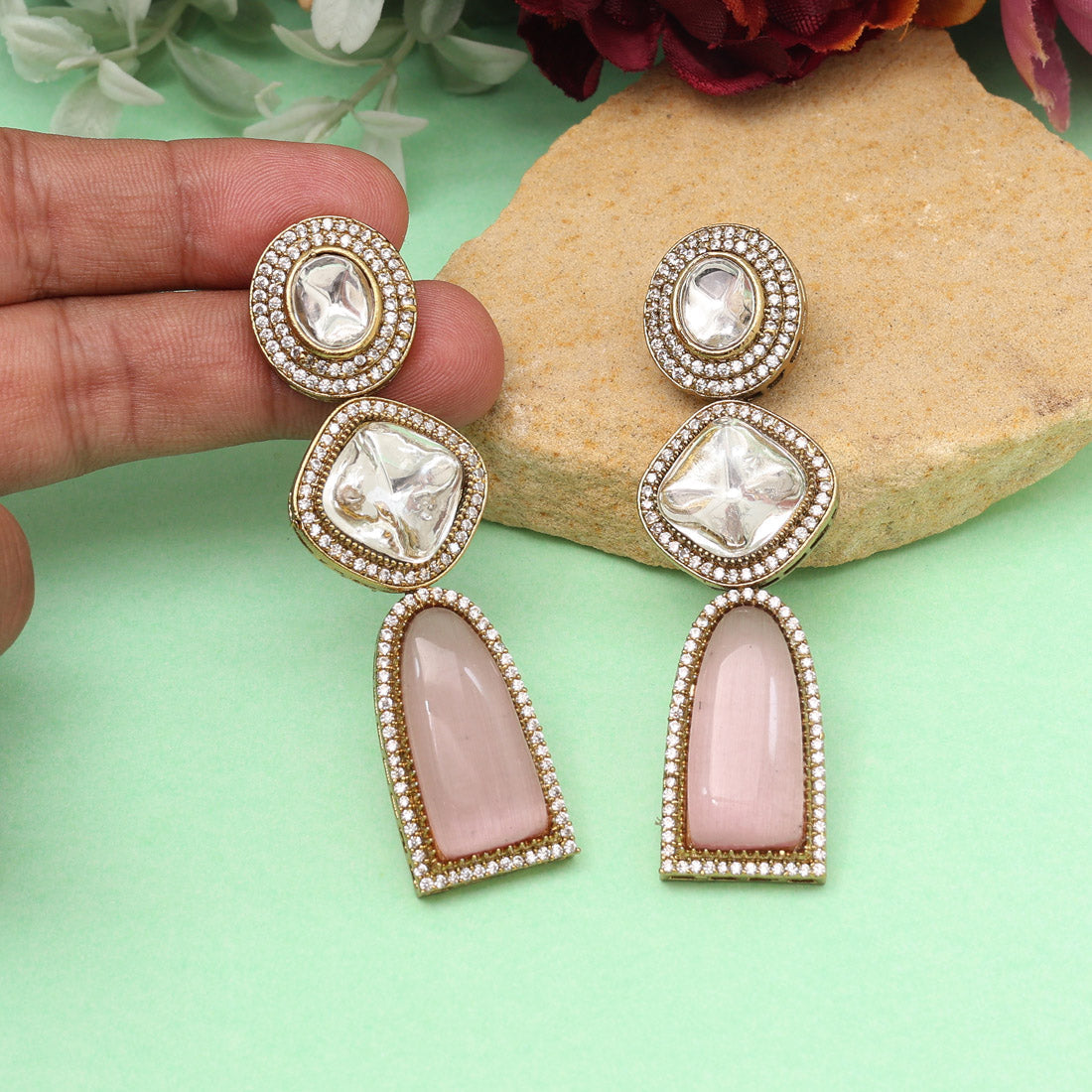 Pink Color Royal Look Handmade Jaipur Earrings On Brass Metal With Moissanite Kundan And Monalisa Stones Studded On Apala Polish (ADE611PNK)