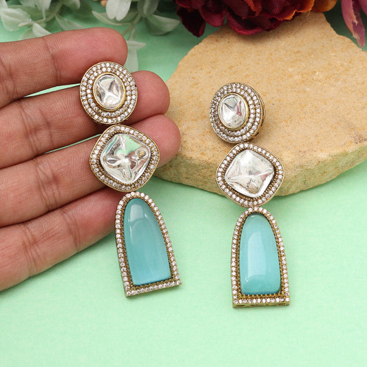 Sky Blue Color Royal Look Handmade Jaipur Earrings On Brass Metal With Moissanite Kundan And Monalisa Stones Studded On Apala Polish (ADE611SBLU)