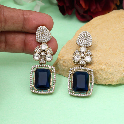 Blue Color Royal Look Handmade Jaipur Earrings On Brass Metal With American Diamond And Monalisa Stones Studded On Apala Polish (ADE614BLU)