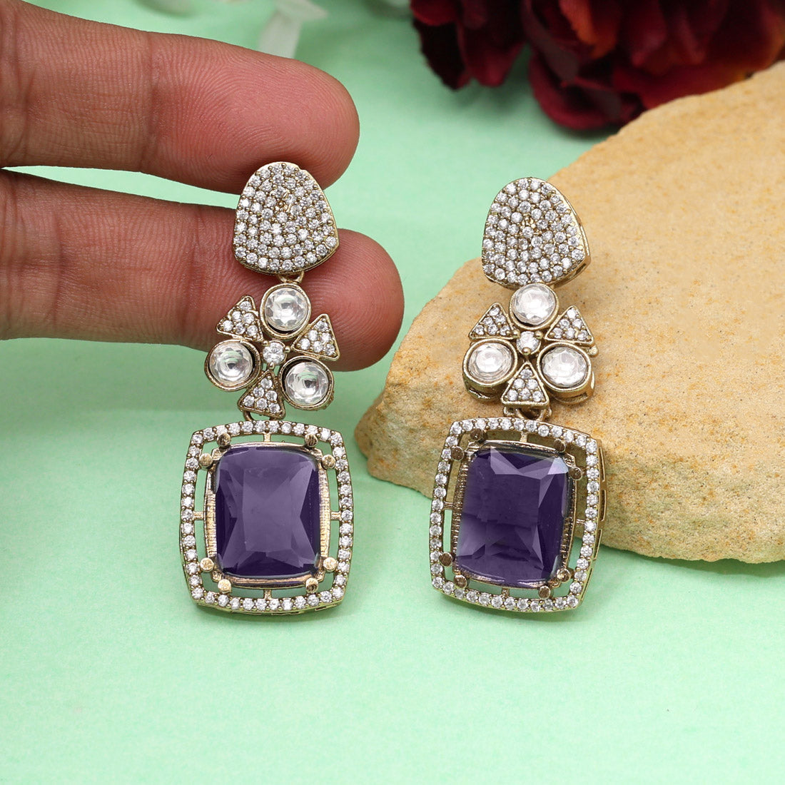 Purple Color Royal Look Handmade Jaipur Earrings On Brass Metal With American Diamond And Monalisa Stones Studded On Apala Polish (ADE614PRP)