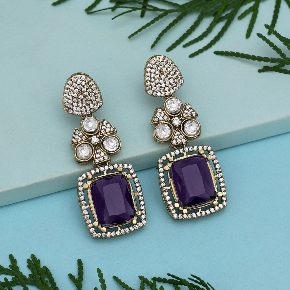Purple Color Royal Look Handmade Jaipur Earrings On Brass Metal With American Diamond And Monalisa Stones Studded On Apala Polish (ADE614PRP)