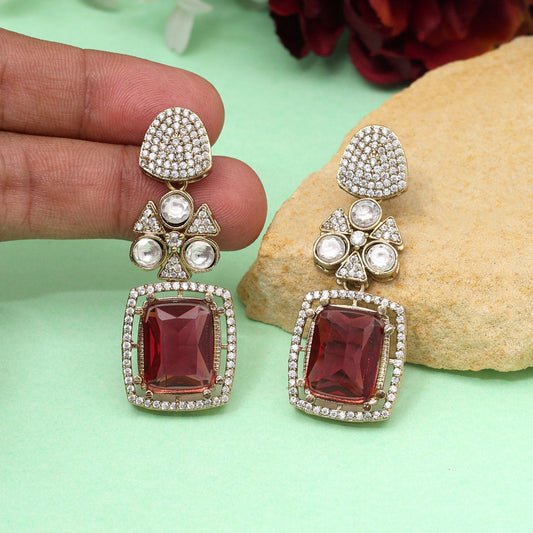 Ruby Color Royal Look Handmade Jaipur Earrings On Brass Metal With American Diamond And Monalisa Stones Studded On Apala Polish (ADE614RUBY)