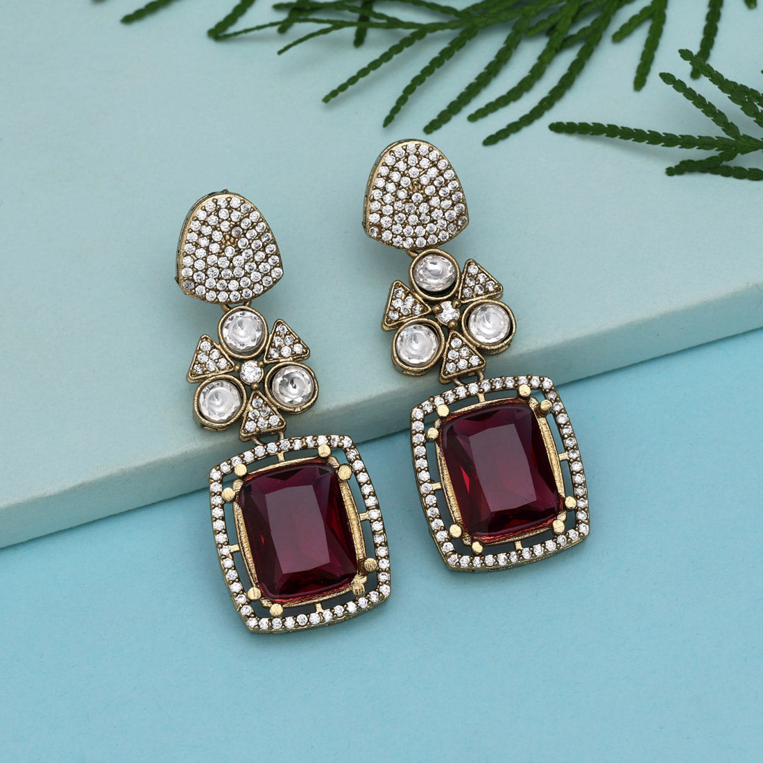 Ruby Color Royal Look Handmade Jaipur Earrings On Brass Metal With American Diamond And Monalisa Stones Studded On Apala Polish (ADE614RUBY)