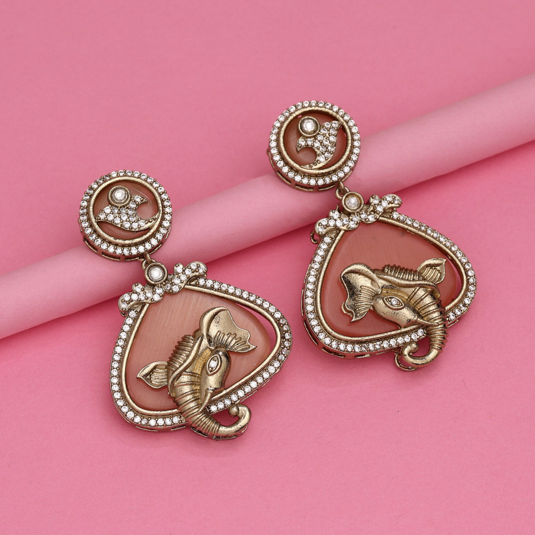 Peach Color Royal Look Handmade Jaipur Earrings On Brass Metal With American Diamond And Monalisa Stones Studded On Apala Polish (ADE617PCH)