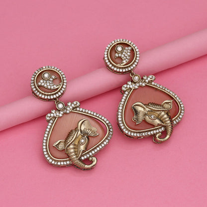 Peach Color Royal Look Handmade Jaipur Earrings On Brass Metal With American Diamond And Monalisa Stones Studded On Apala Polish (ADE617PCH)