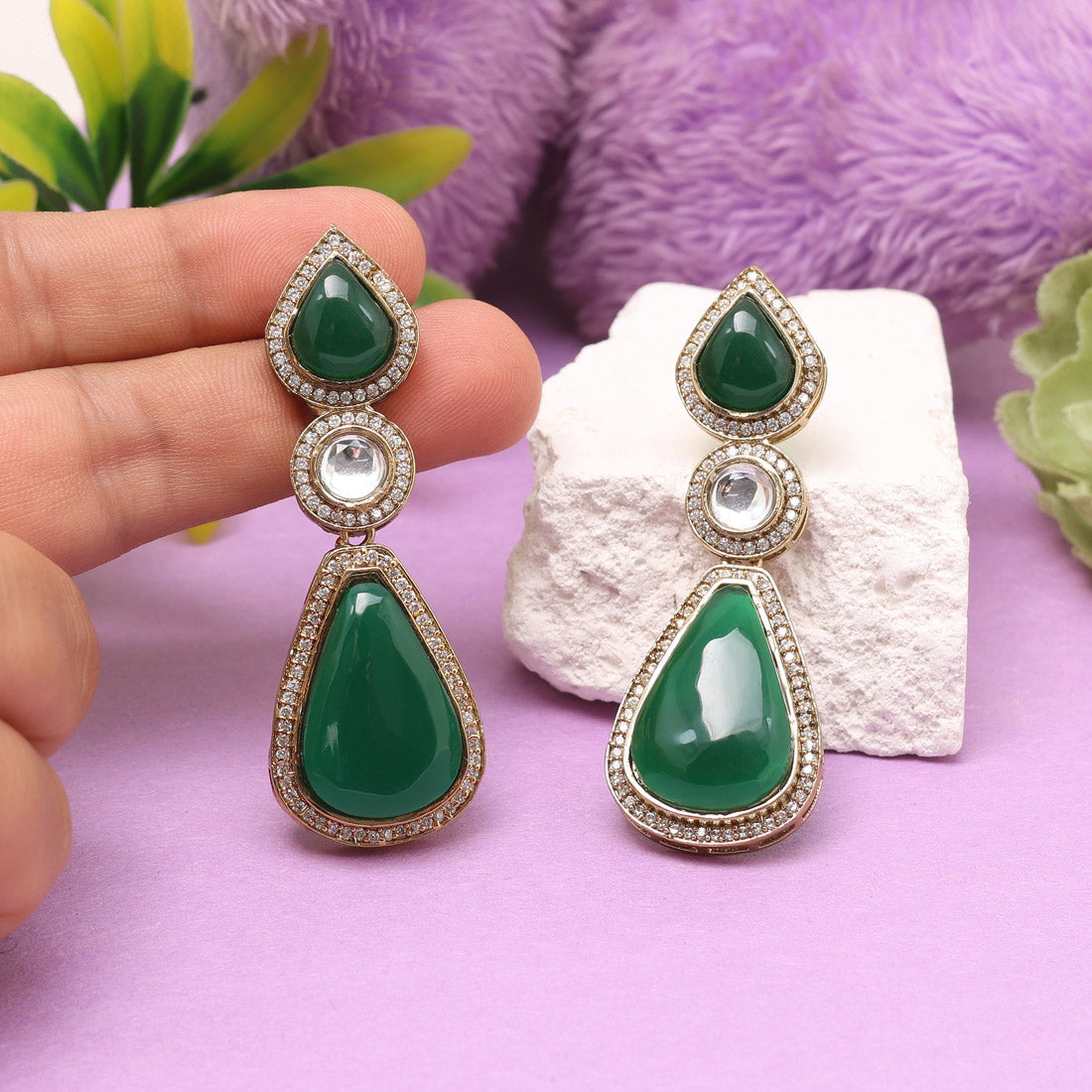 Green Color American Diamond Earrings