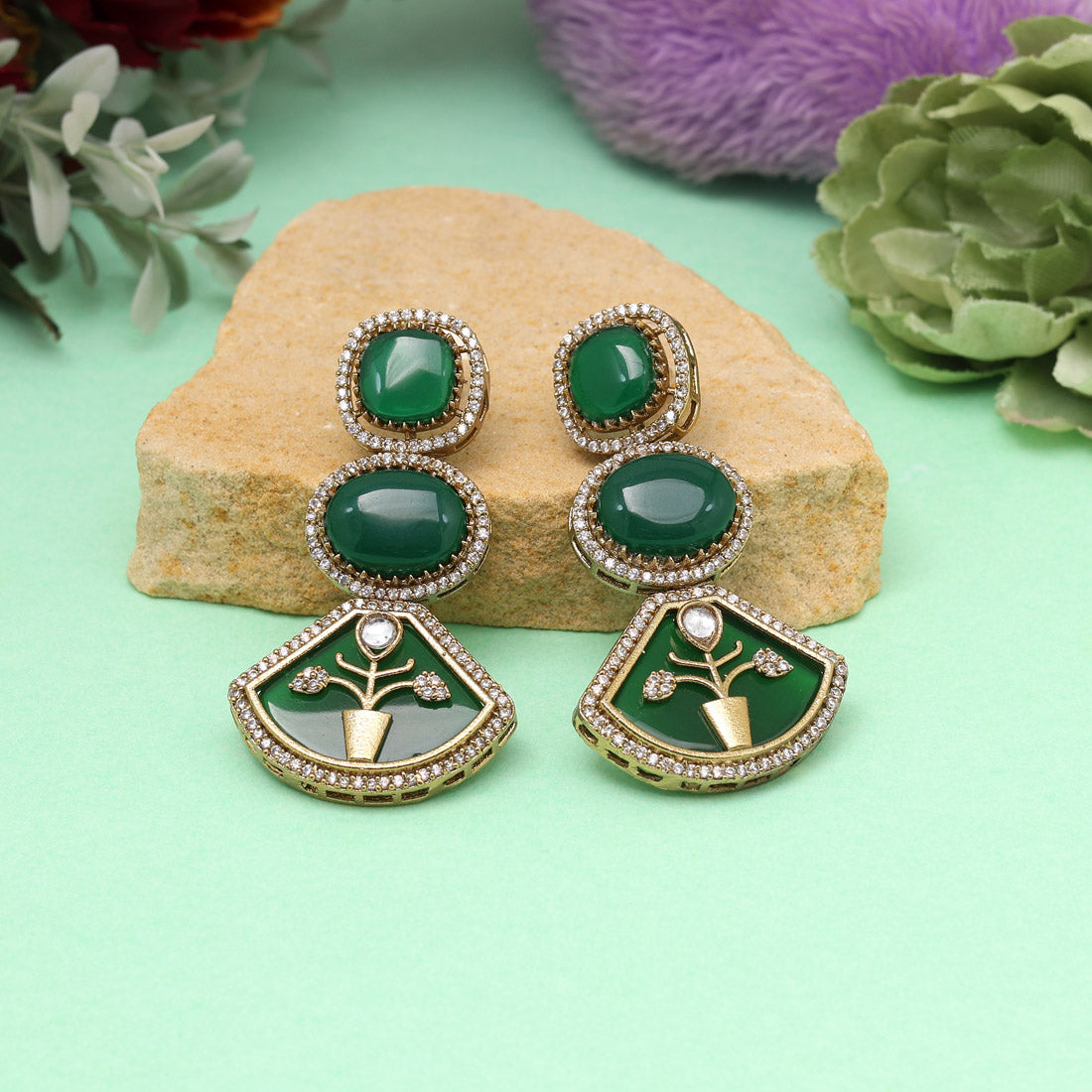 Green Color American Diamond Earrings
