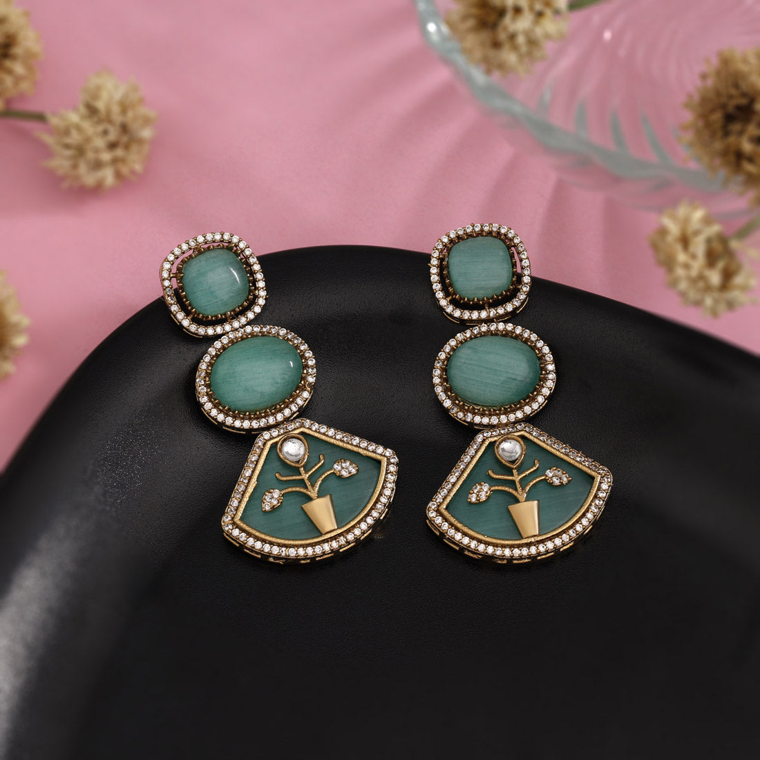 Pista Green Color American Diamond Earrings