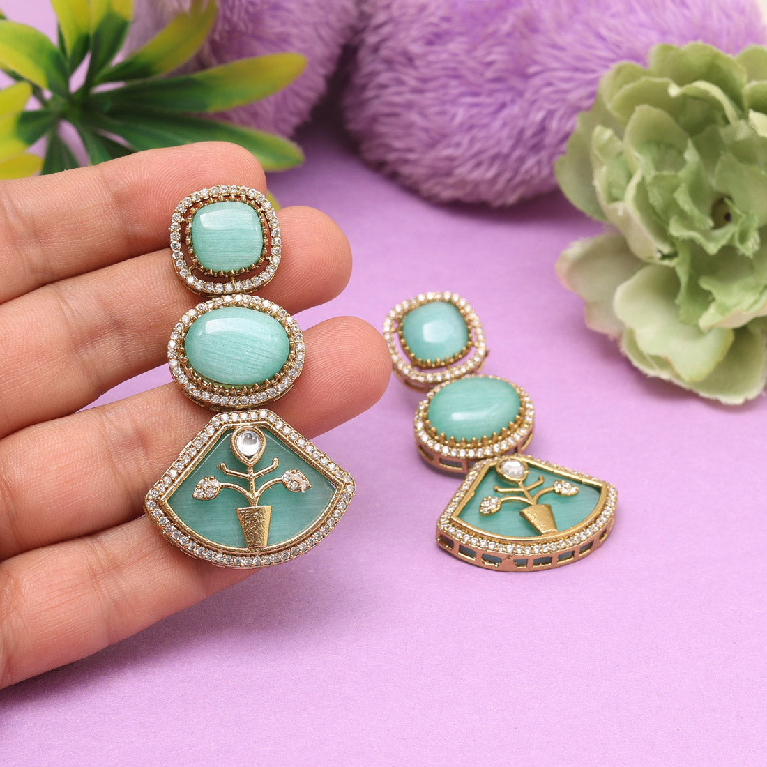 Pista Green Color American Diamond Earrings