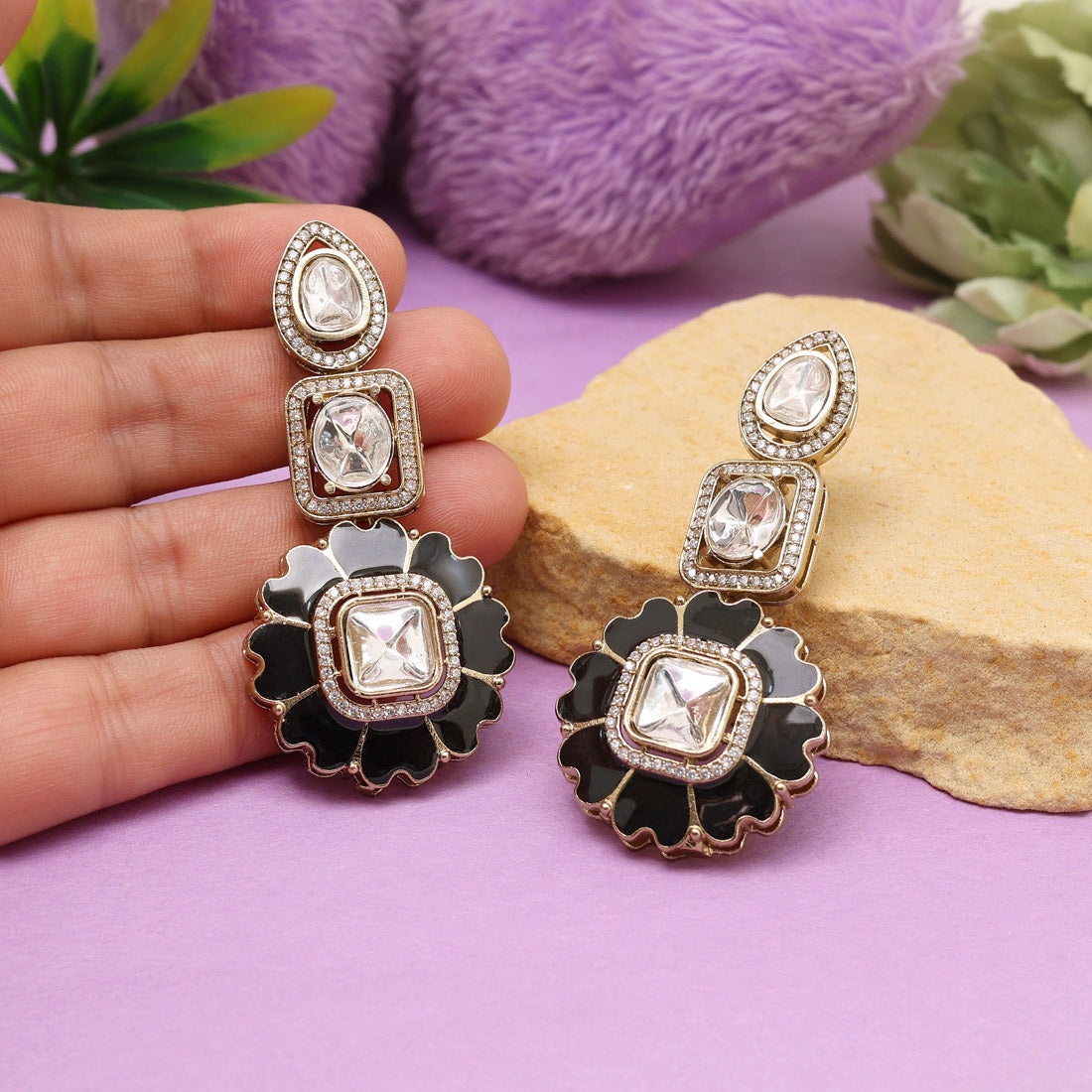 Black Color Meena Work American Diamond Earrings