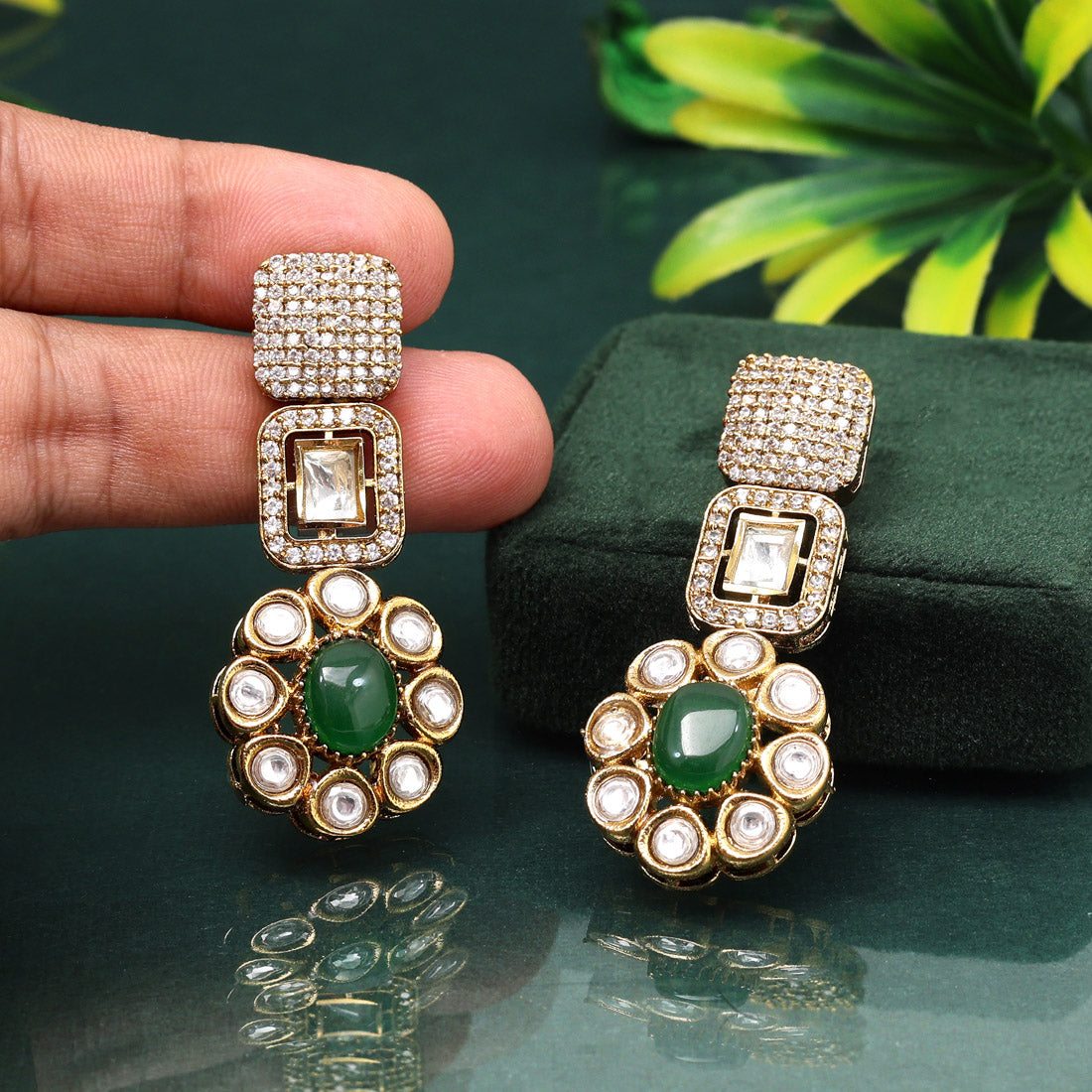 Fresh Green Color American Diamond Earrings Perfect For Festive Occasions