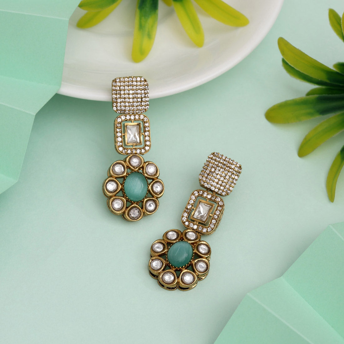 Trendy Pista Green Color American Diamond Earrings For Fresh Spring Looks