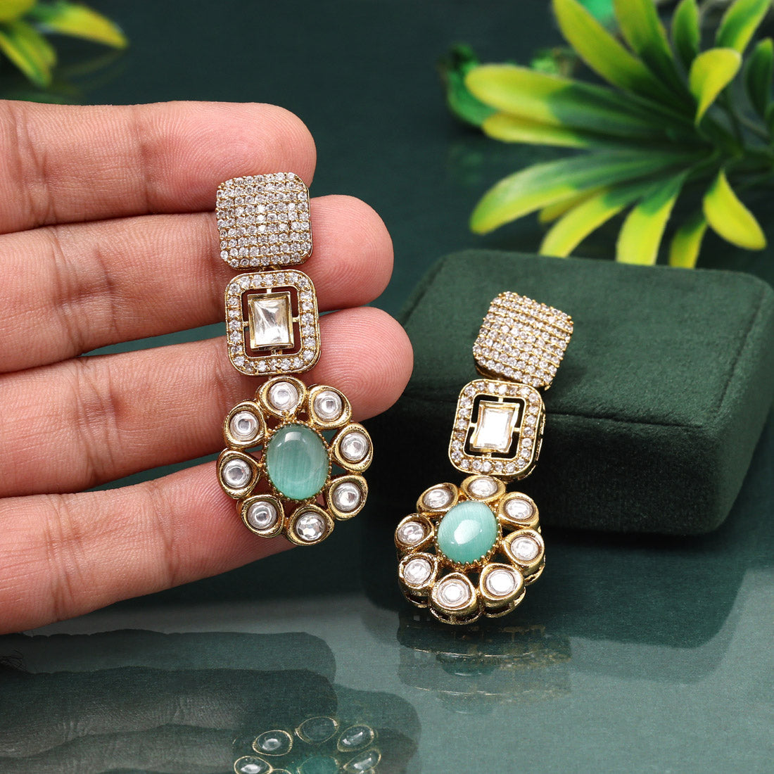 Trendy Pista Green Color American Diamond Earrings For Fresh Spring Looks