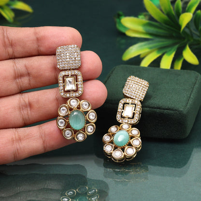 Trendy Pista Green Color American Diamond Earrings For Fresh Spring Looks