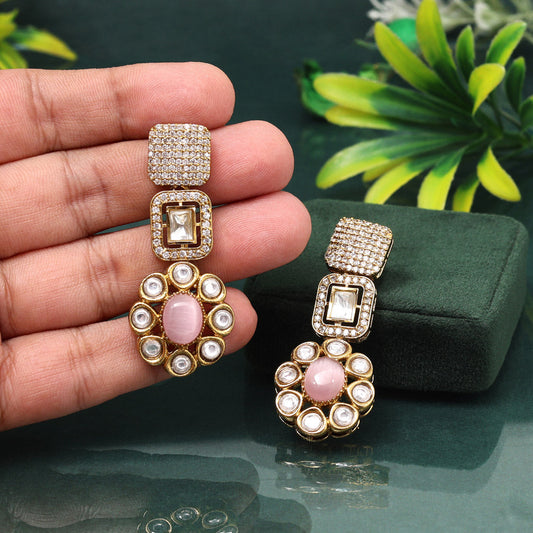 Beautiful Pink Color American Diamond Earrings With Delicate Sparkling Touch