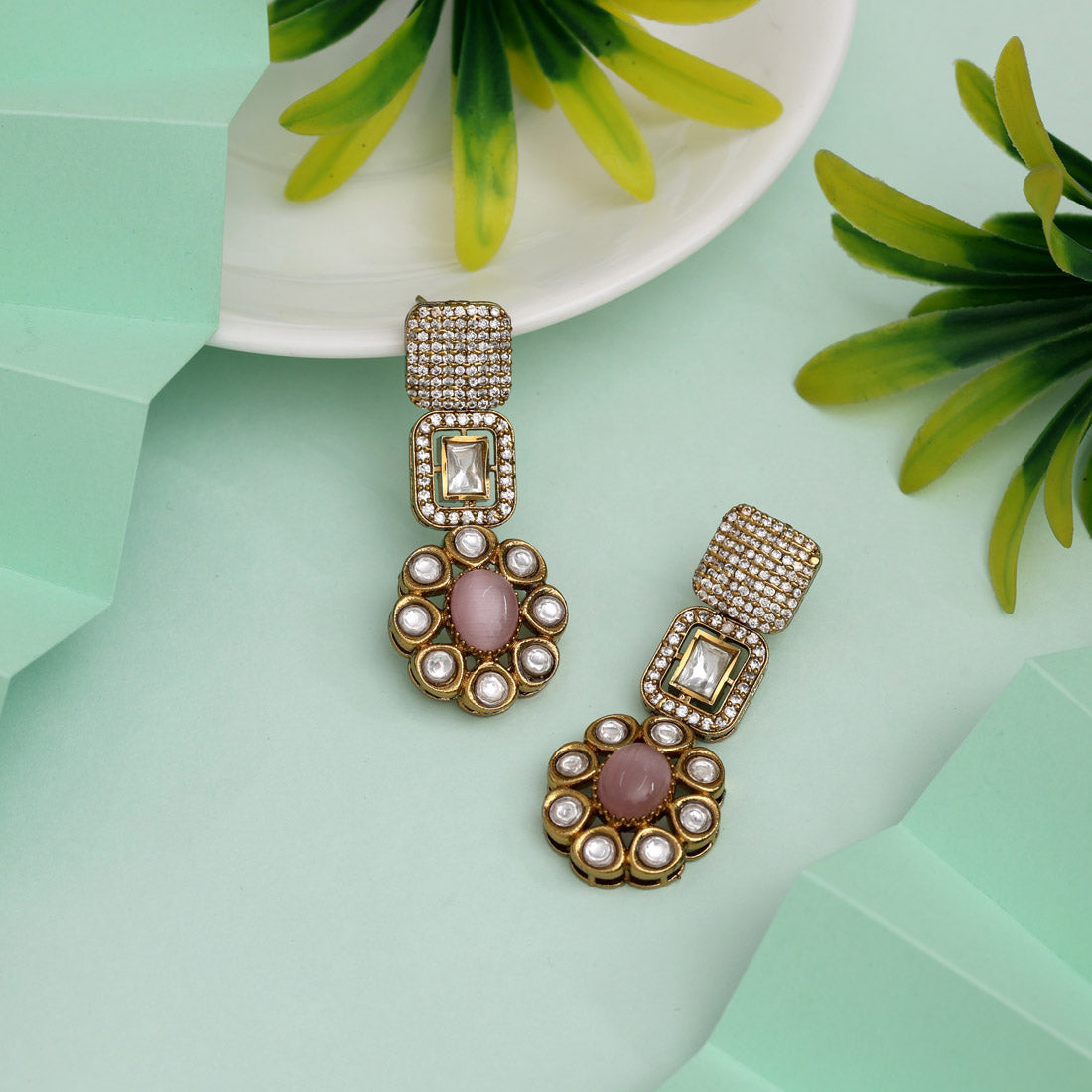 Beautiful Pink Color American Diamond Earrings With Delicate Sparkling Touch