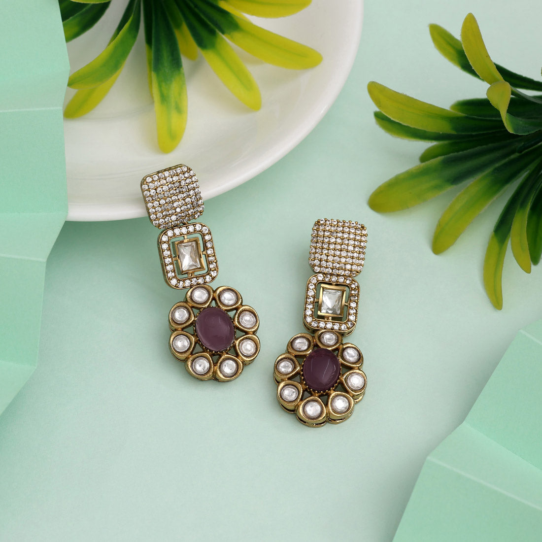Royal Purple Color American Diamond Earrings For Majestic Party Moments
