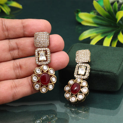 Elegant Red Color American Diamond Earrings For Classic Evening Style