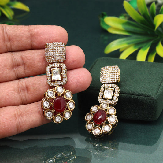 Elegant Red Color American Diamond Earrings For Classic Evening Style