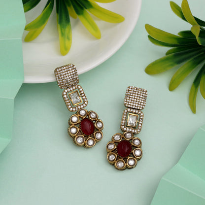 Elegant Red Color American Diamond Earrings For Classic Evening Style