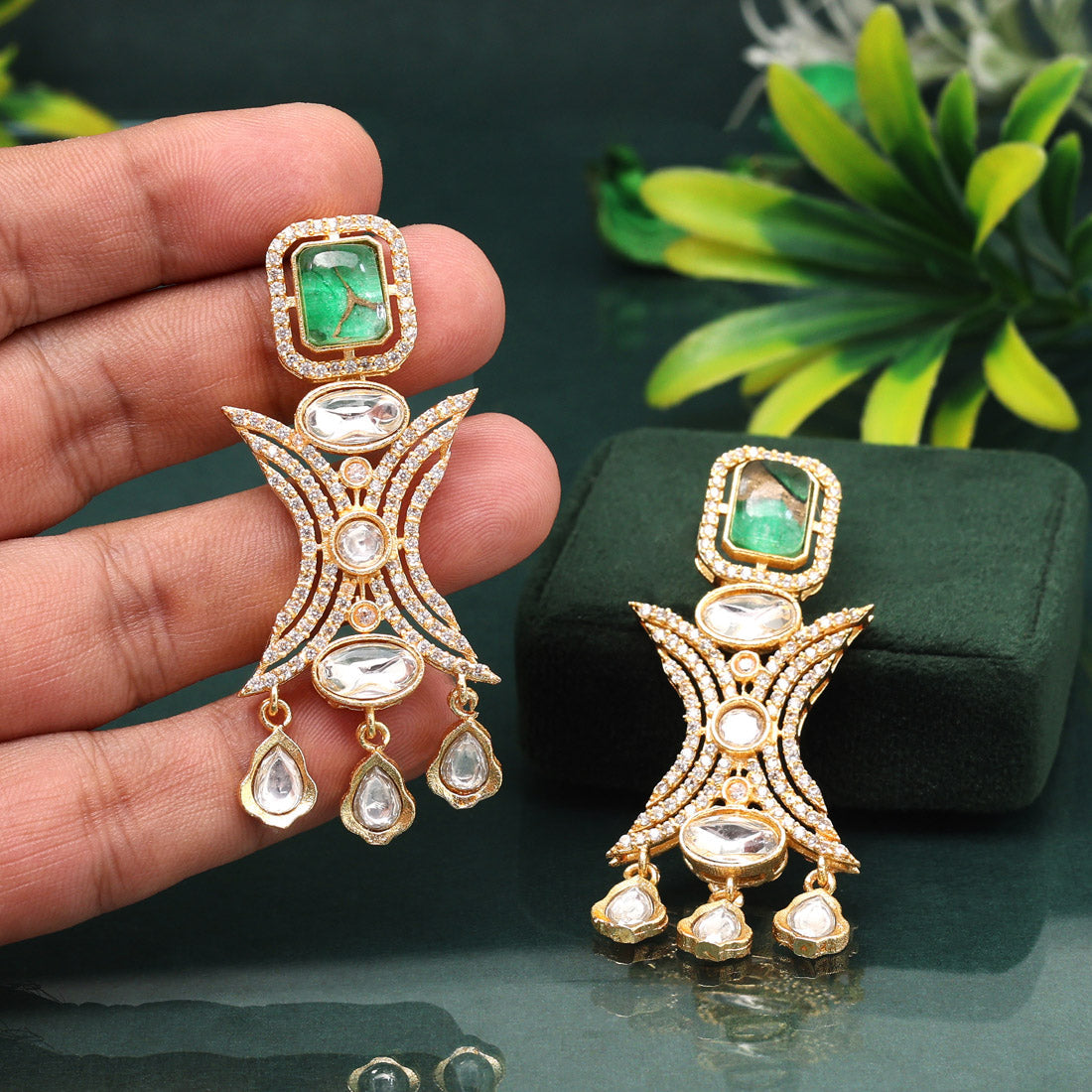 Graceful Green Color American Diamond Earrings With Subtle Elegant Sparkle