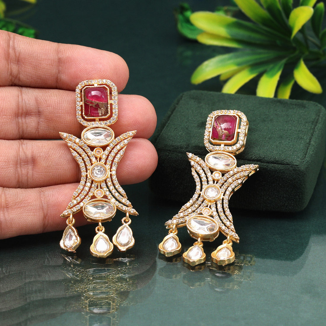 Vibrant Rani Color American Diamond Earrings With Traditional Festival Charm