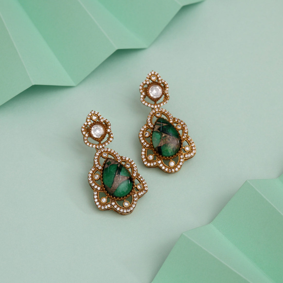 Shiny Green Color American Diamond Earrings For Timeless Ethnic Elegance