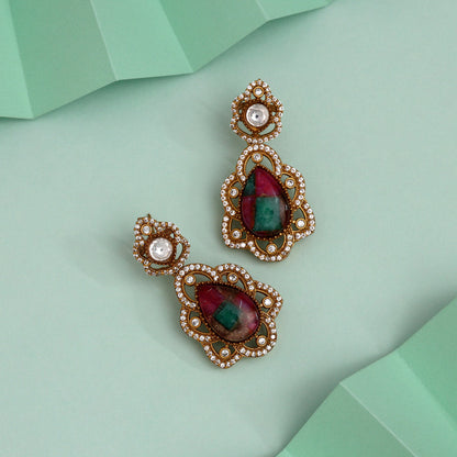 Dual Rani & Green Color American Diamond Earrings For Cultural Radiance