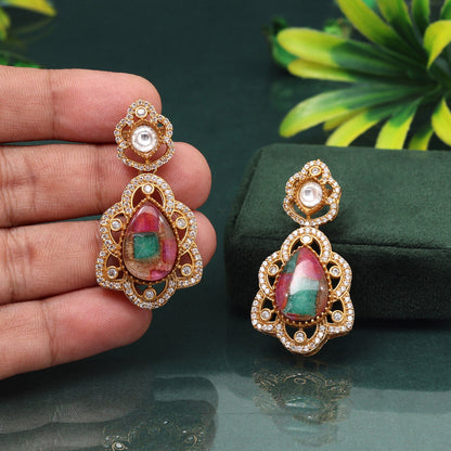 Dual Rani & Green Color American Diamond Earrings For Cultural Radiance