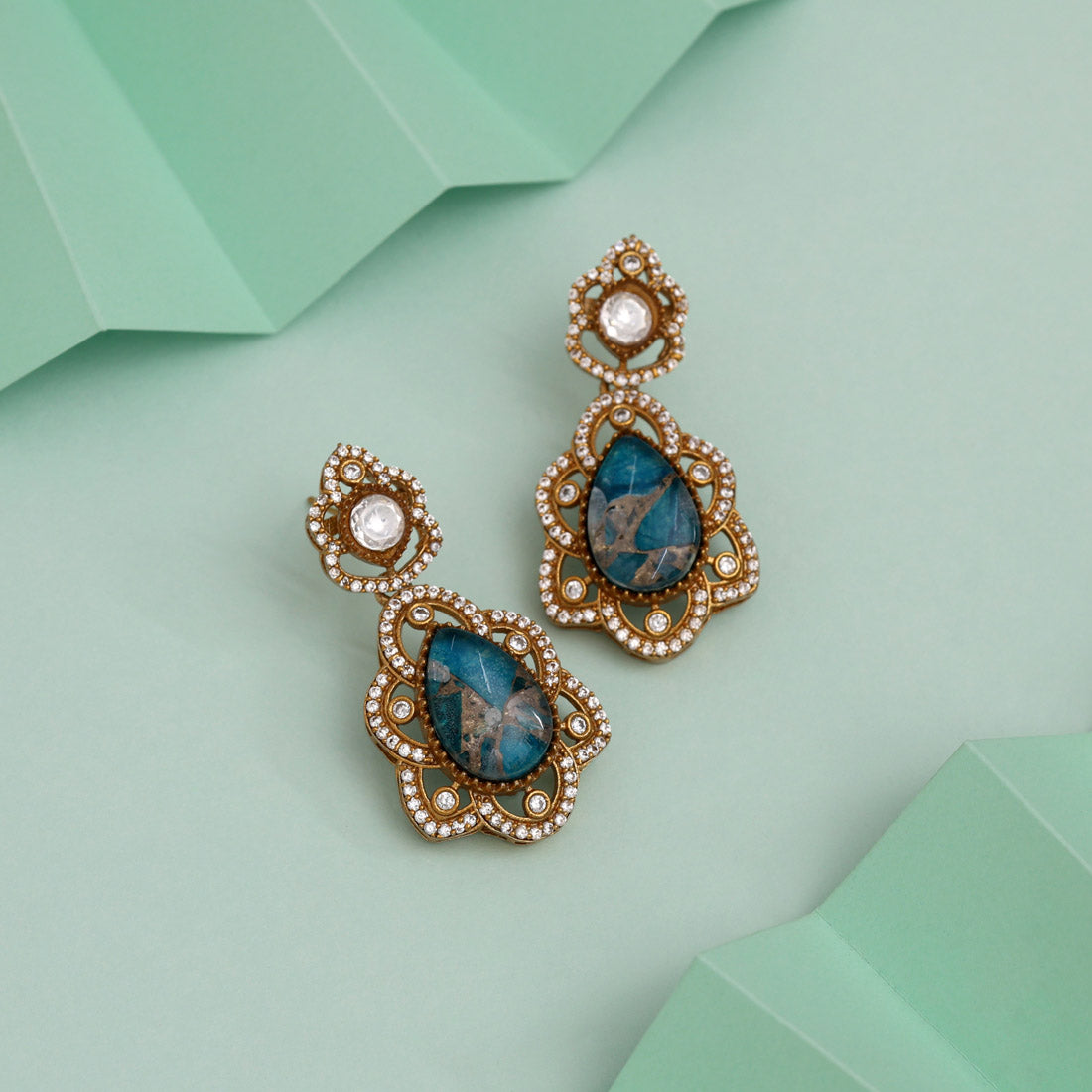 Bright Turquoise Blue Color American Diamond Earrings For Beach Wedding Looks