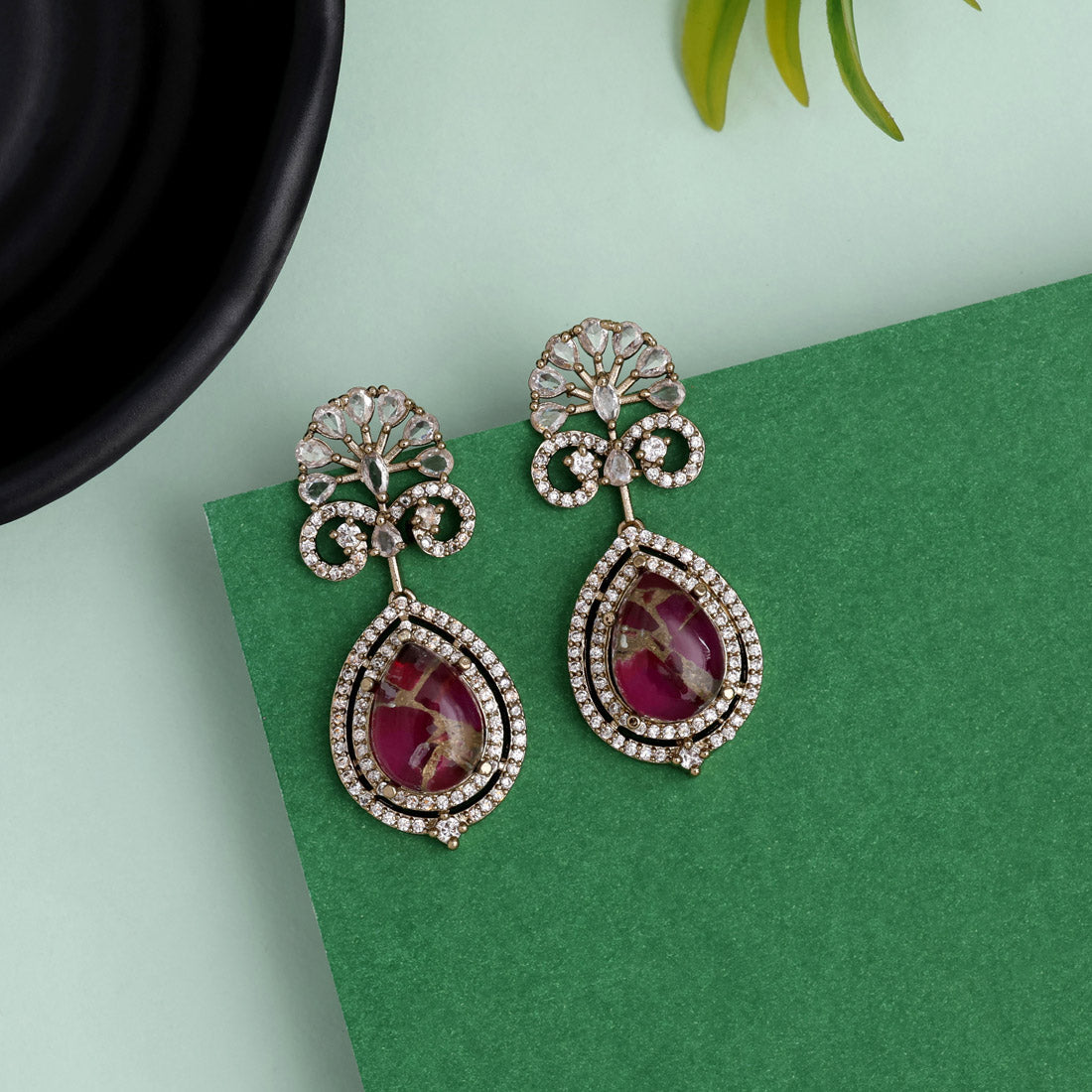 Lovely Rani Color American Diamond Earrings For Cultural Function Looks