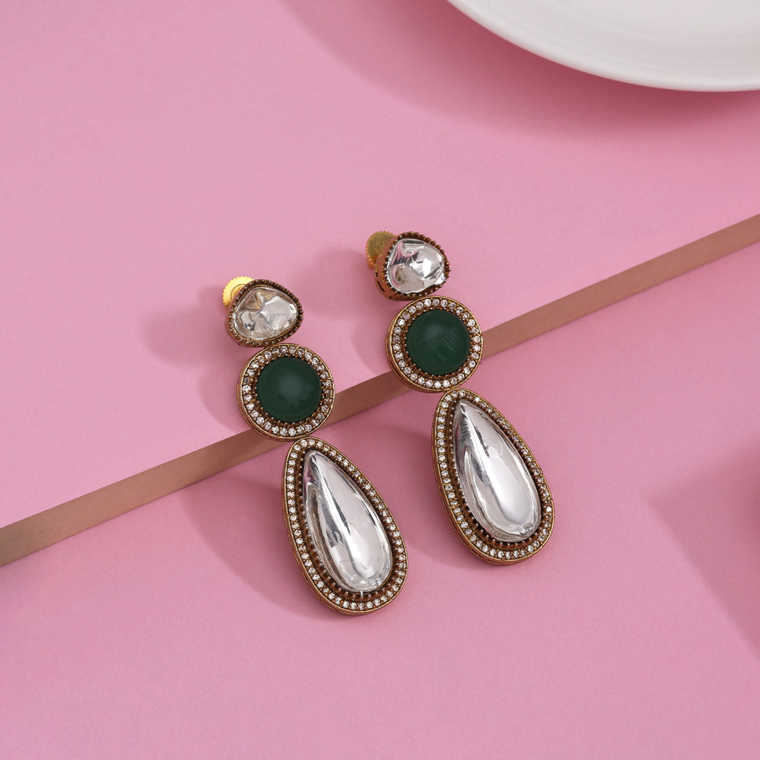 Dazzling Green Color American Diamond Earrings For Glamorous Festive Occasions