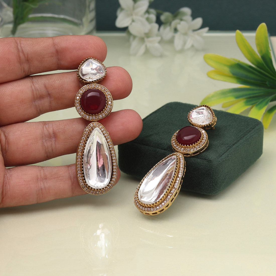 Royal Maroon Color American Diamond Earrings With Traditional Ethnic Finish