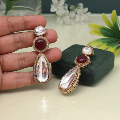 Royal Maroon Color American Diamond Earrings With Traditional Ethnic Finish